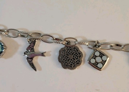Bracciale Charm Chiave Argento, Piuma, Uccellino, Cristalli Rosa Blu 9" - Foto 3 di 5