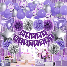 Purple Silver Birthday Party Decorations for Women Girls, Happy Birthday Banner