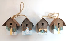 Set of 4 Rustic Wood Metal Roof Bird House Christmas Tree Ornaments Primative