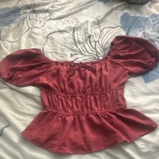 Women  s Pink Off-Shoulder Cropped Blouse L Puff Short Sleeve Ruffle Solid
