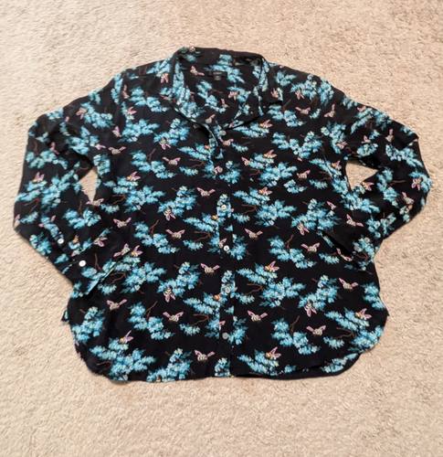 J Crew botanische Bienen Seidenbluse Gr. 16 Knopfleiste schwarz Blumenmuster durchsichtig Resort