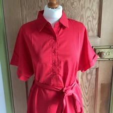 Summer Shirt Dress V Neck Buttons Belted RedSizeS