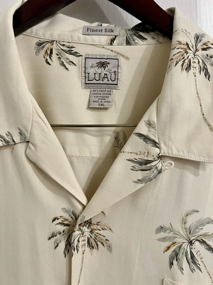 Luau Мужские 2XL гавайский 100% тонкий шелк кнопка спереди рубашка ладони листья желтовато-коричневый - Изображение 3 из 4