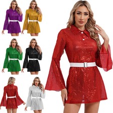 Women's Sequins Long Sleeve Dresses with Belt Sparkle Party Evening Clubwear