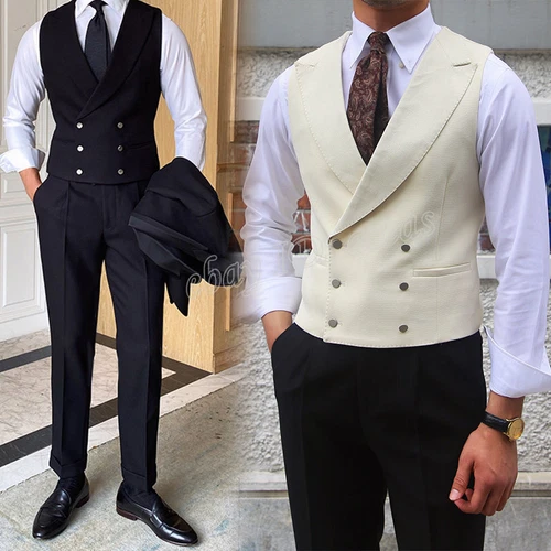 Men Double Breasted Vest Formal Peak Lapel Waistcoat Casual Sleeveless Coat Tops
