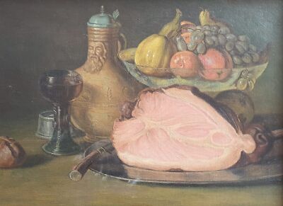 Painting: Rich Still Life with Ham and Bearded Man Jug, Framed