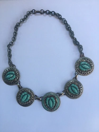 Vintage Costume Jewelry Choker- Faux Turquoise Medallions - Concho Style