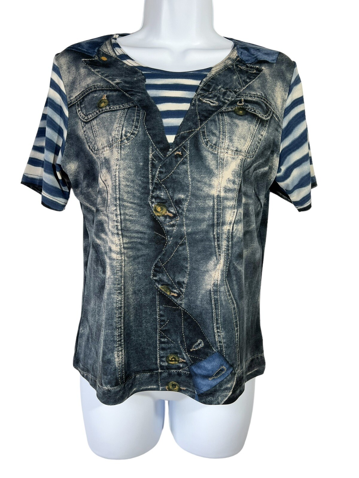 DAMEE Inc Top Sz S Sheer Mesh Embellished Faux Vest Pull Over Shirt Denim