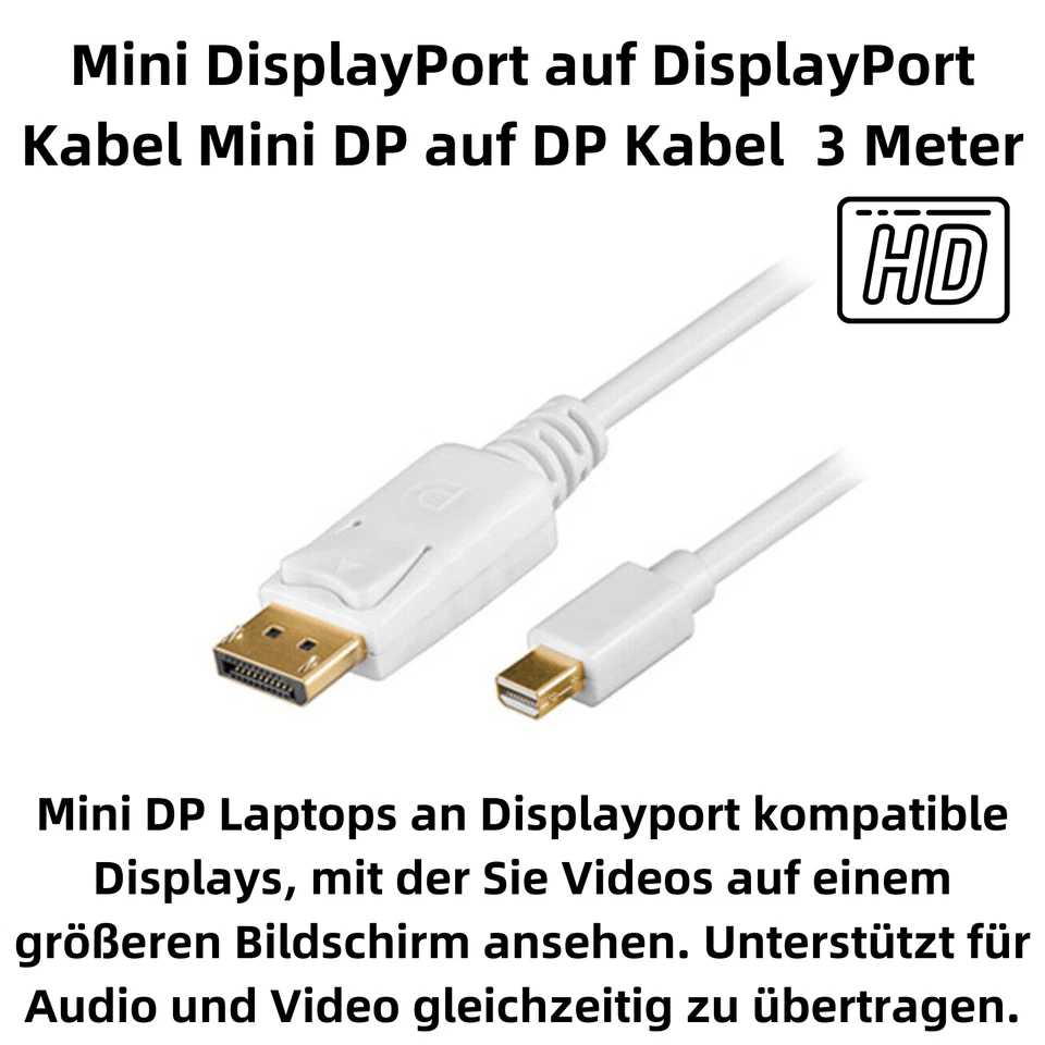 C49 Mini Displayport To Displayport Cable 1.4 Mini Dp To Dp Cable White 3M - Image 2 of 4