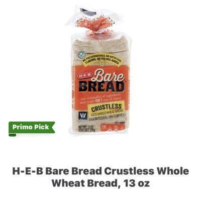 HEB Bare Bread Crustless Wheat Bread 12.5 Oz (Pack of 2). always fresh. prio