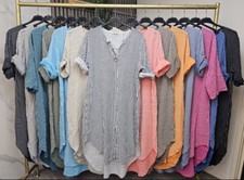 Ladies Italian V Neck Stripe Comfy Oversized Baggy Dress Button Detail