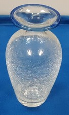 Heavy Crackle Art Glass 8" Vase Clear with Blue Rim Hand Blown