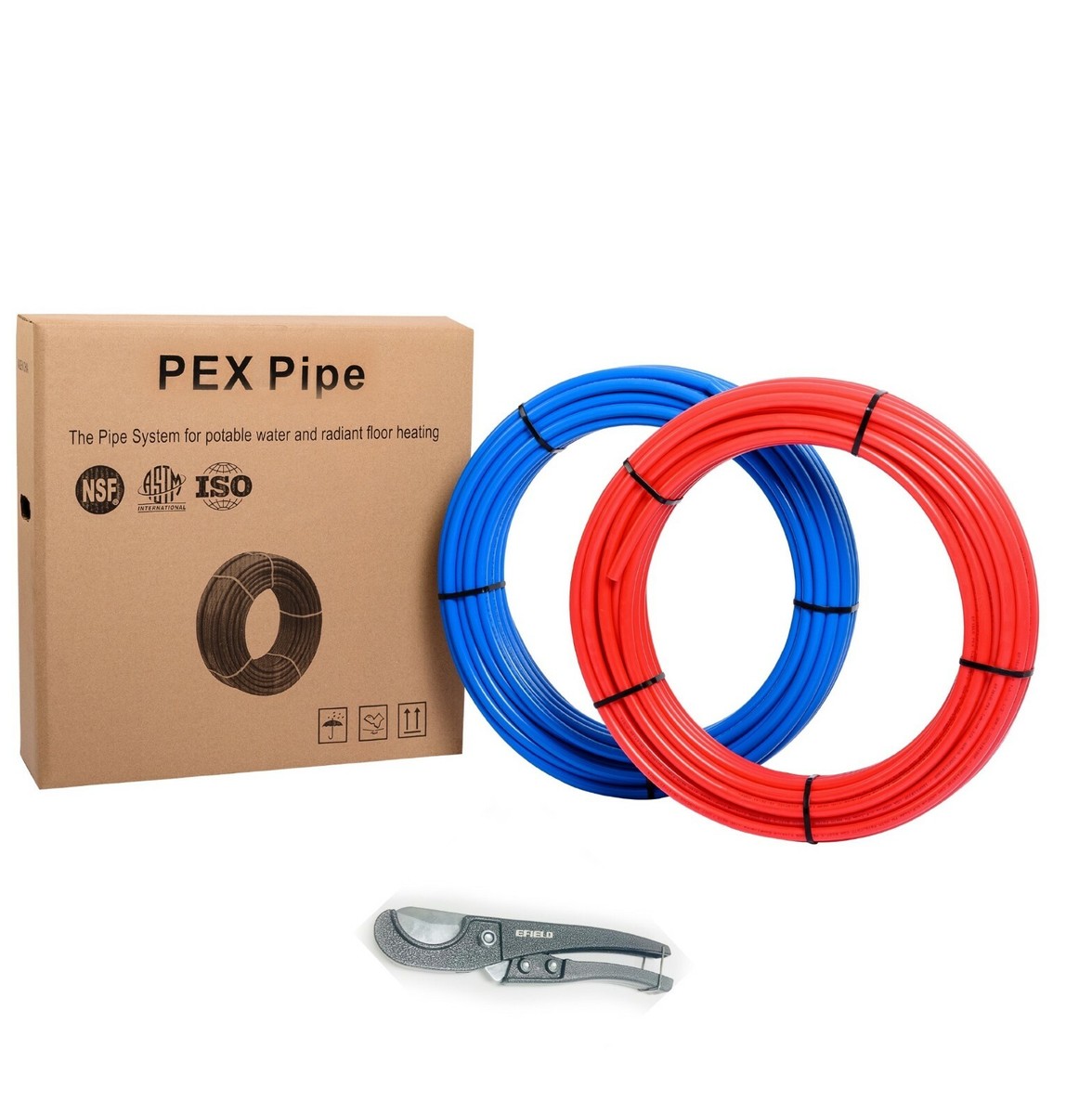 EFIELD PEX Rohr 1/2 Zoll – 2 Rollen Rot & Blau Je 75 Fuß (150 Fuß Gesamt) + Rohrschneider