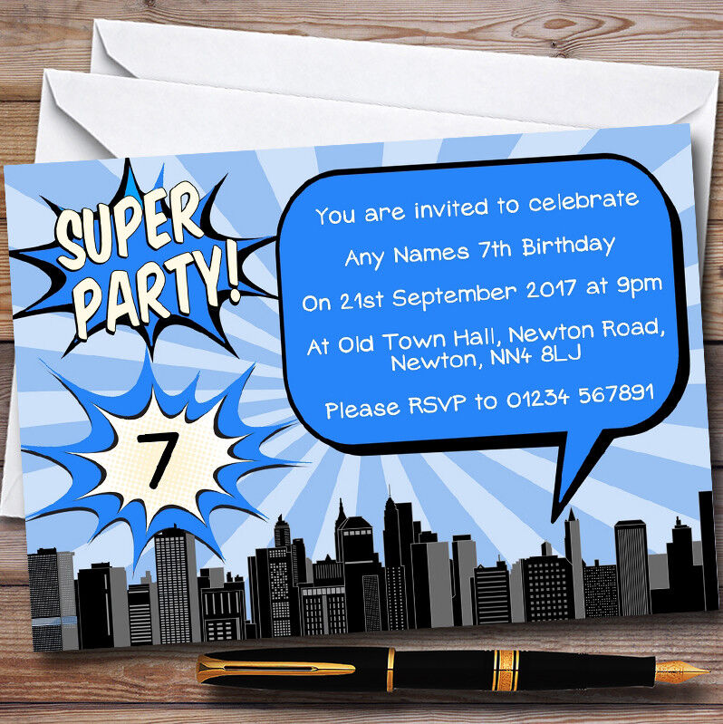 Blue Comic Superhero Personalised Childrens Birthday Party Invitations Bezpłatny ogólnokrajowy, okazja