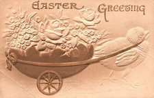Easter Greetings Flowers Chicks Cart Holiday Eastertide Vintage Postcard 1910