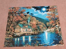 Finished Paint by Number 15.5" x 19.5" "Lakeside Cabin" Deer Mountains Water