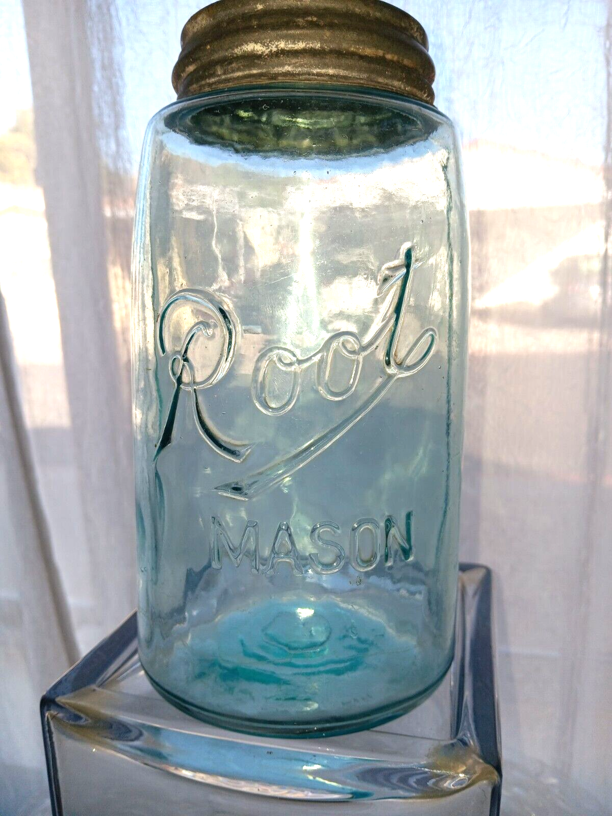 vintage ROOT (script) MASSON aqua quart fruit jar zinc lid