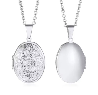 Silber 925 Oval Öffnung Medaillon Halskette Anhänger mit 20'' Kette Gratis Geschenkbox