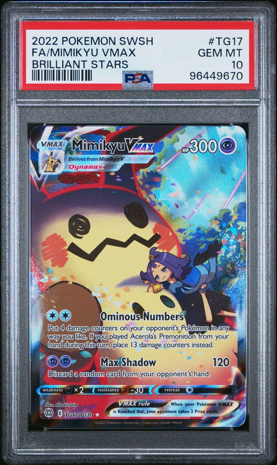 2022 POKEMON SWORD & SHIELD BRILLIANT STARS #TG17 FULL ART/MIMIKYU VMAX PSA 10