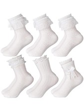 Fourluoo 6 Pairs Girls Ruffle Socks White Ruffled Lace Cute 8-12 Years,