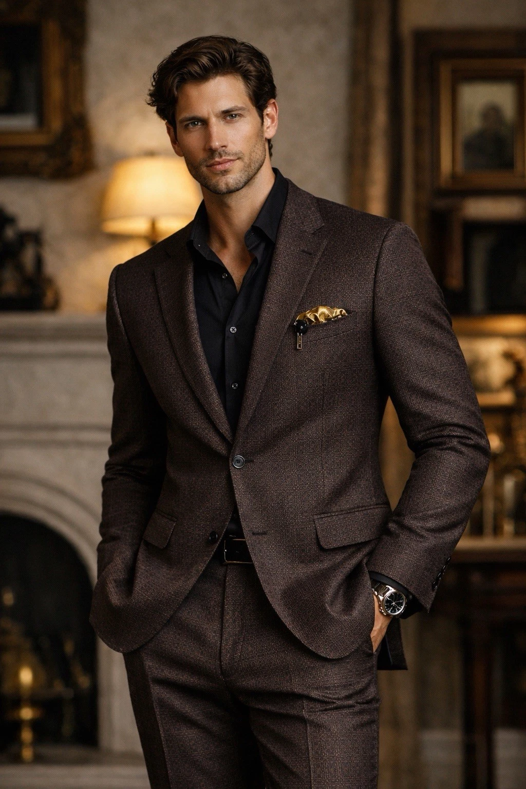 Versace — Versace Suit Brown Geometric Linen Blend Classic Fit Italian Two Piece 42L