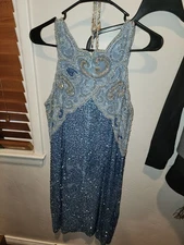 OLEG CASSINI Black Tie beaded dress Baby Blue