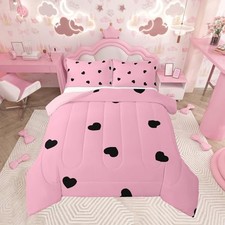 Kids Girls Pink Black Love Comforter Set,Black Love Print Full Pink and Black