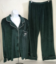 Joyspun 2 Piece Pajama Set Women Size L Velour Green w White Trim Bow Pockets