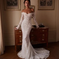 Luxury Mermaid Wedding Dress Long Sleeve Lace Beaded Backless Bridal Gown