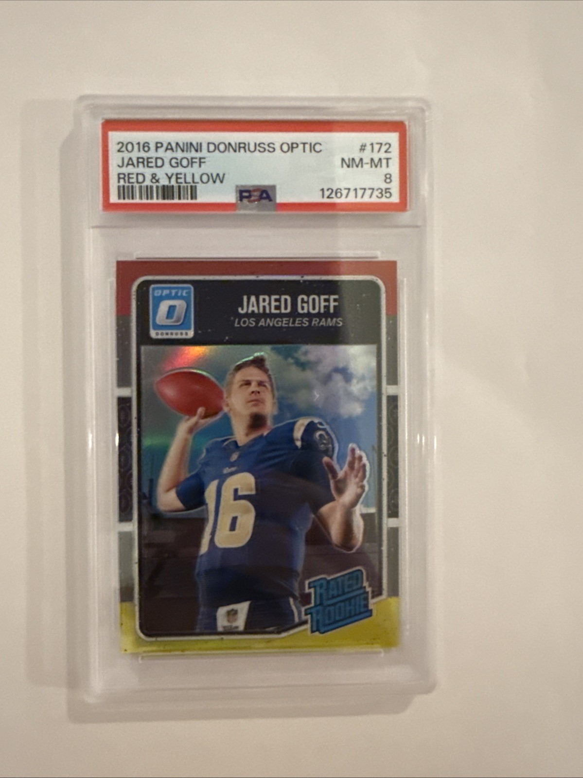 2016 Donruss Optic Jared Goff Red and Yellow Rookie RC #172 Rams PSA 8