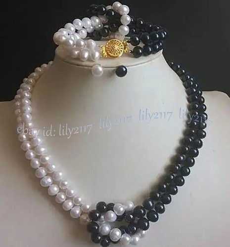 2 Rows Real Natural White Black Freshwater Pearl Necklace Bracelet Earrings Set - Picture 3 of 10