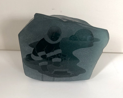 Inuit Style Etched Glass Sculpture Eskimo Ice Fishing Scene Paperweight