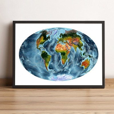 World Map, Aitoff Projection World Map, Printed and Framed World Relief Map