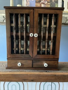 Vintage Wooden Spice Rack With Doors & 12  Labeled glass  Bottles 2 Drawers
