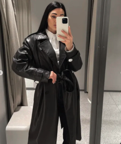 ZARA NEW WOMAN BELTED FAUX LEATHER TRENCH COAT BLACK 3046/072 L | eBay