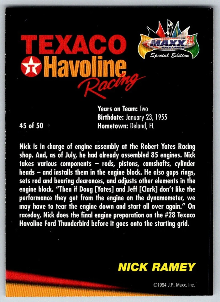1994 Maxx Texaco Havoline NICK RAMEY #45 Yates Racing - Image 2 of 2