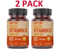 Deva Vegan Vitamin D 800 IU (Ergocalciferol), (2 PACK)