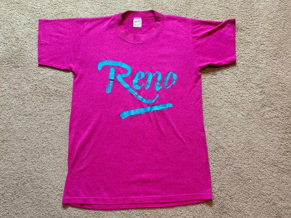 Camiseta Retro Rosa S Vintage Años 70 80 Ropa Deportiva EE. UU. Delgada Puntada Única Reno NV Foto 2 de 4