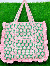 Vintage Floral Quilted Large Ruffle Tote Bag Handprinted Boho Shopper Market Bag