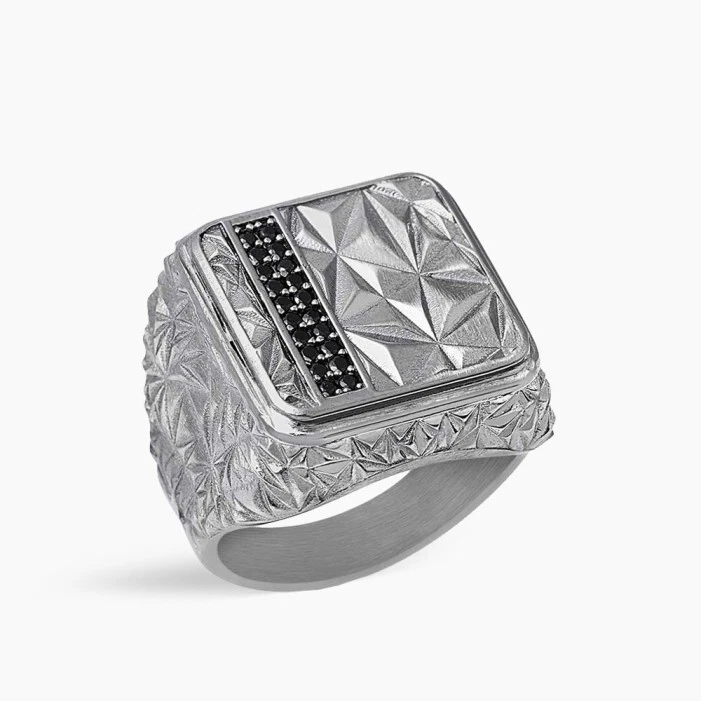 Anillo elegante único de plata 935 para hombre con corte redondo de 0,75 quilates de dos líneas de ónix negro Foto 3 de 4