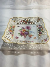 Vintage Dresden Porcelain Square Plate 7.5" Beautiful Vibrant Colors