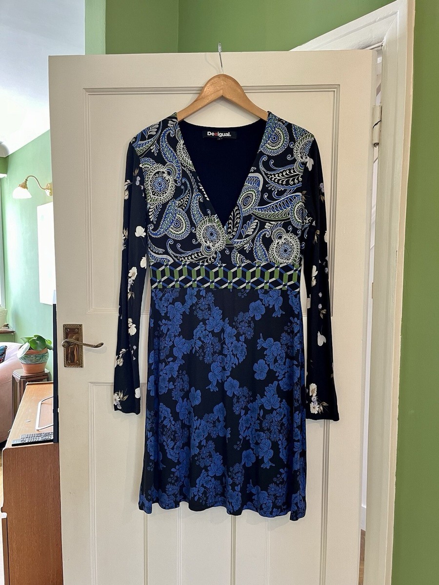 Desigual Blue Black Floral Geometric Print Jersey Midi Dress