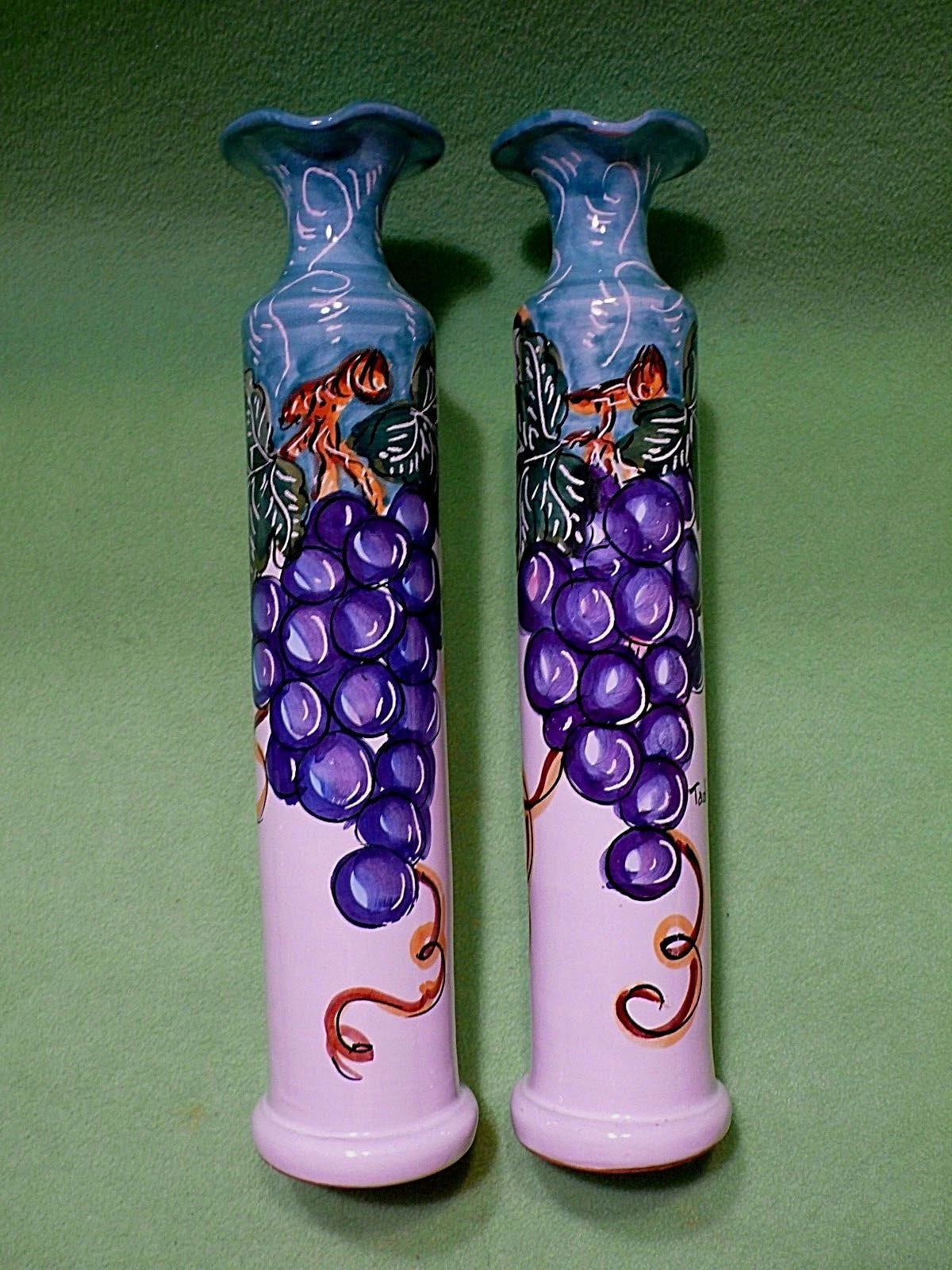 2 Italian art pottery CRUETS. Tall with colorful GRAPE CLUSTERS & vines. Set of
