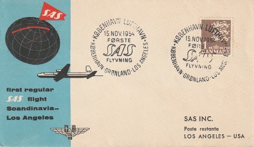 1954 Denmark cover First Flight by SAS from Kobenhavn via Gronland to LosAngeles