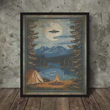 Vintage UFO ALIEN CAMPING Wall Art, Sci-fi Nature Poster, NHI Campsite UAP Decor