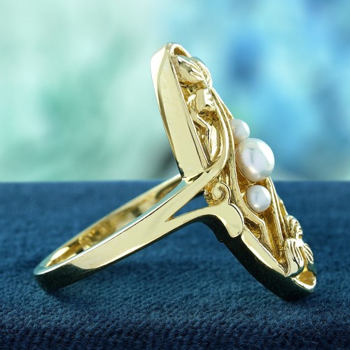 9K Yellow Gold Natural Triple Pearl Vintage Style Cocktail Ring - Picture 4 of 8