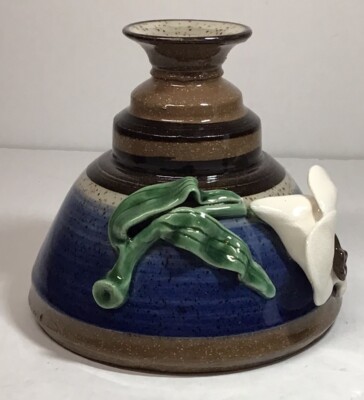 Studio Art Pottery Vase With Applied 3D Calla Lily Flower Signed