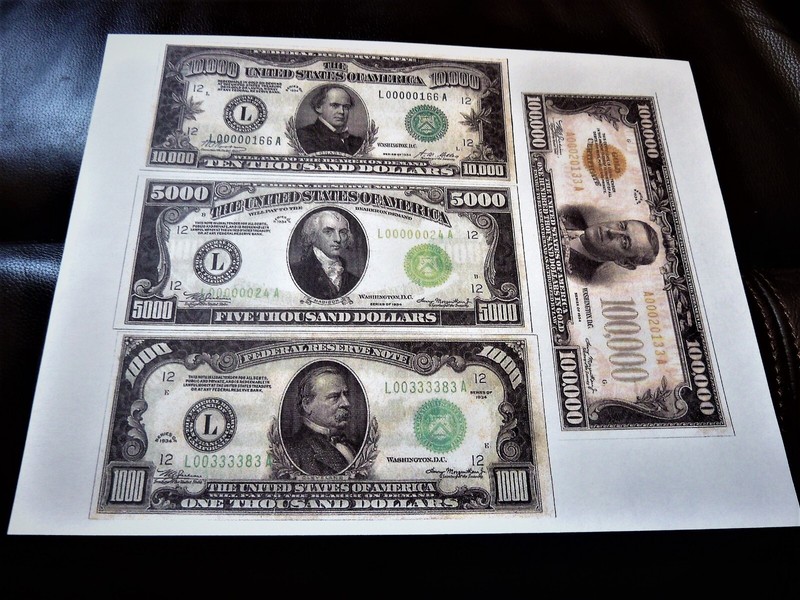 4  ONE SIDED   BANKNOTES  1934 series   $1,000, $5,000, $10,000, $100,000, 