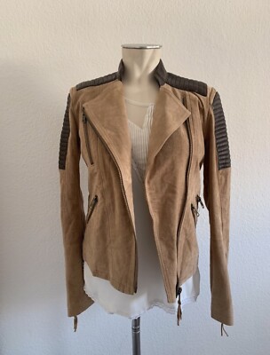 Mango MNG Damen Biker Lederjacke braun Camel neu S Leder Wildleder - Main Image
