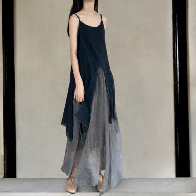 Womens Casual Gown Mixed Colors Mesh Patchwork Layers Long